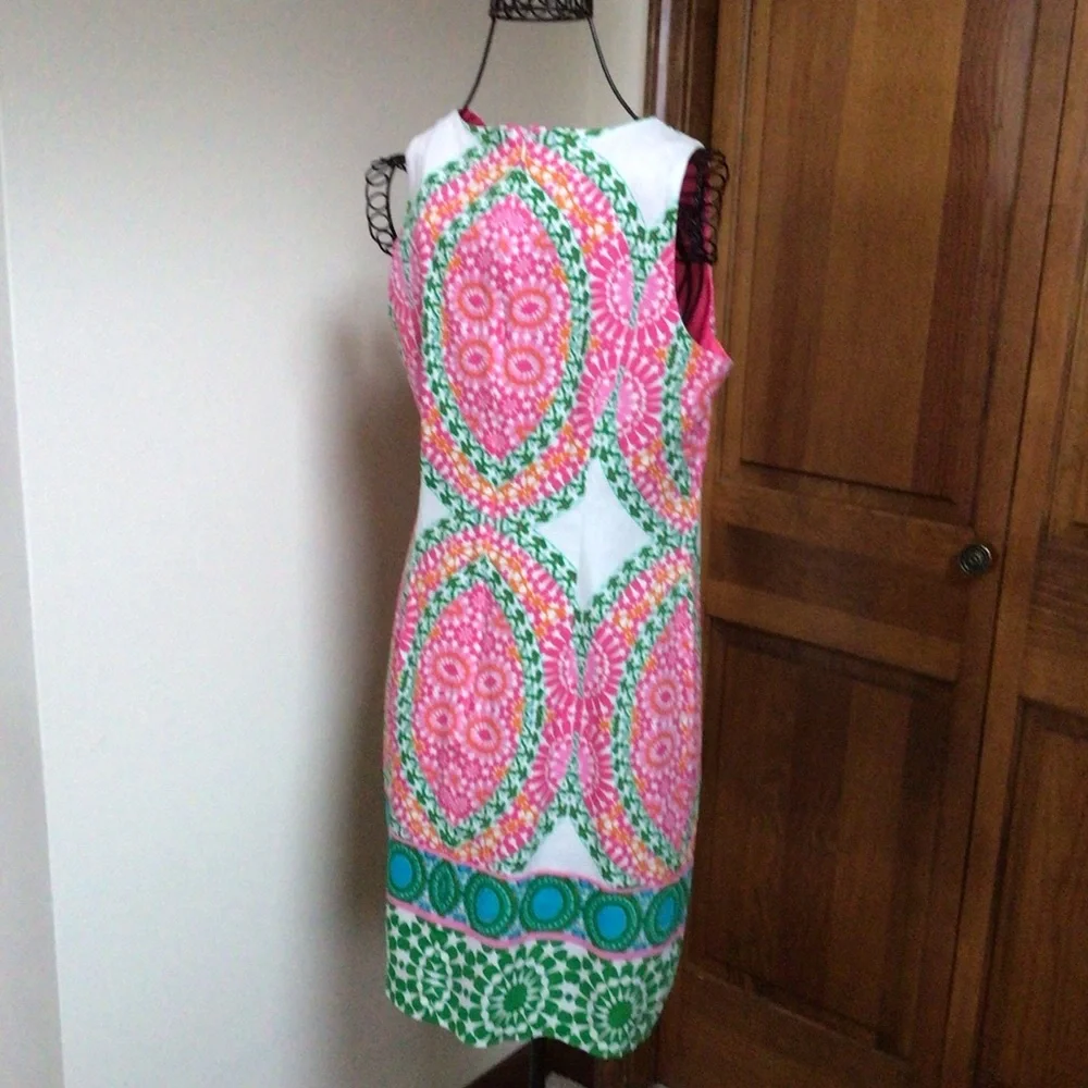 LONDON TIMES Mosaic Print Sleeveless Shift Dress Size 8 in Bright Pink Print - Picture 4 of 7